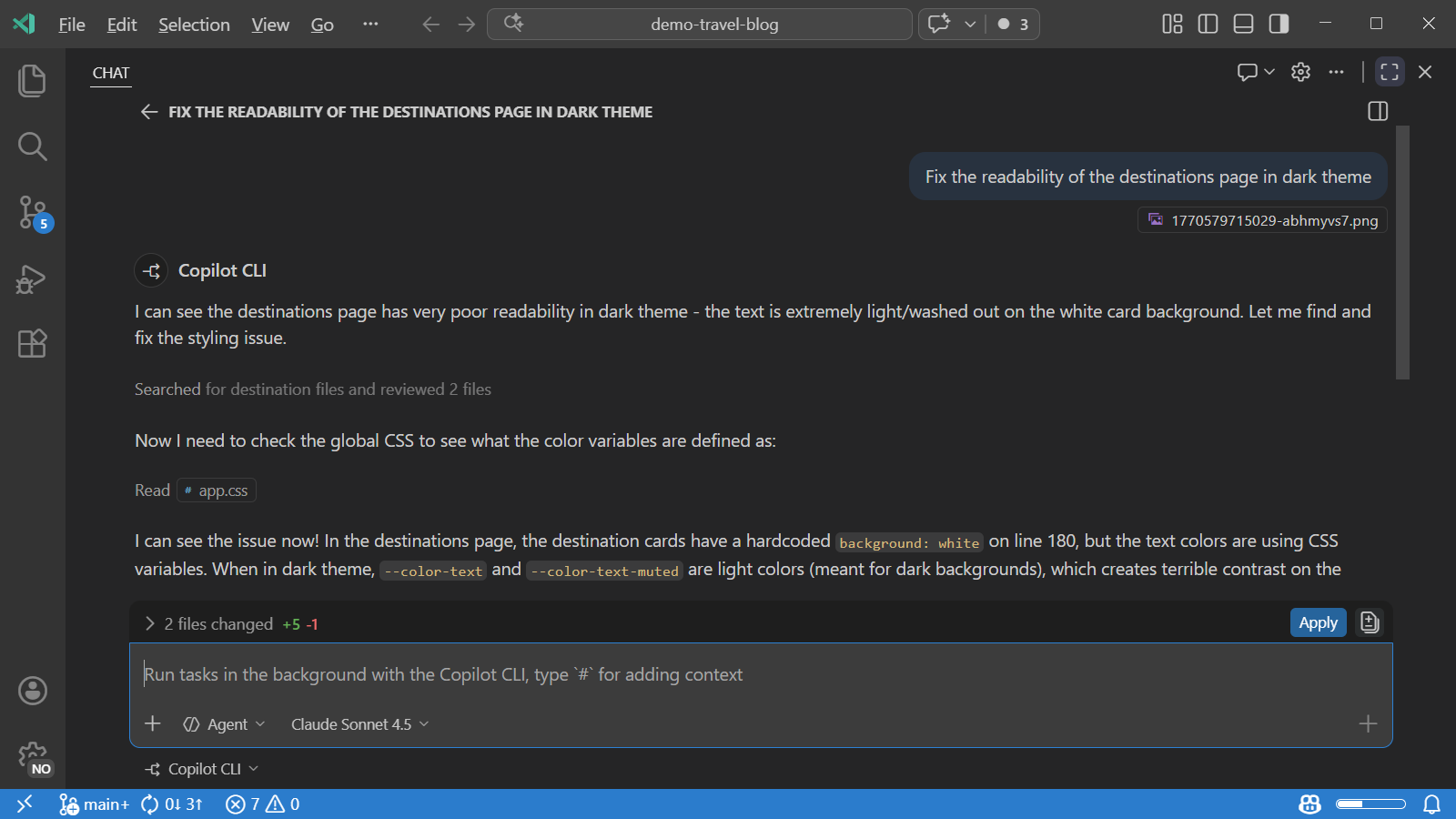 VS Code 中 Copilot CLI 会话（聊天编辑器）的截图。