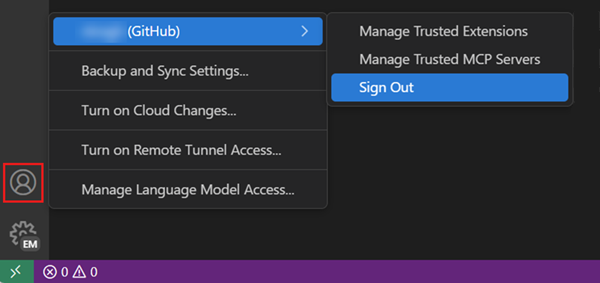 VS Code 账号菜单截图，显示退出当前 GitHub 账号的选项。