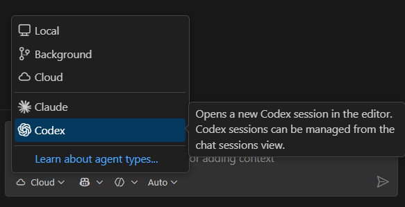 会话类型下拉菜单显示已选 Codex 智能体选项的截图。